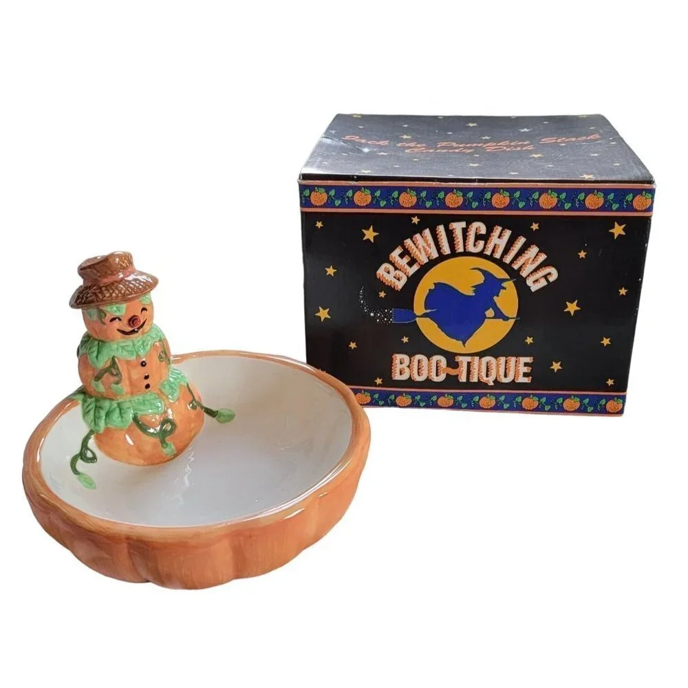 Bewitching Boo-tique Vintage Candy Bowl Pumpkins Scarecrow 6" NWB - Picture 1 of 8
